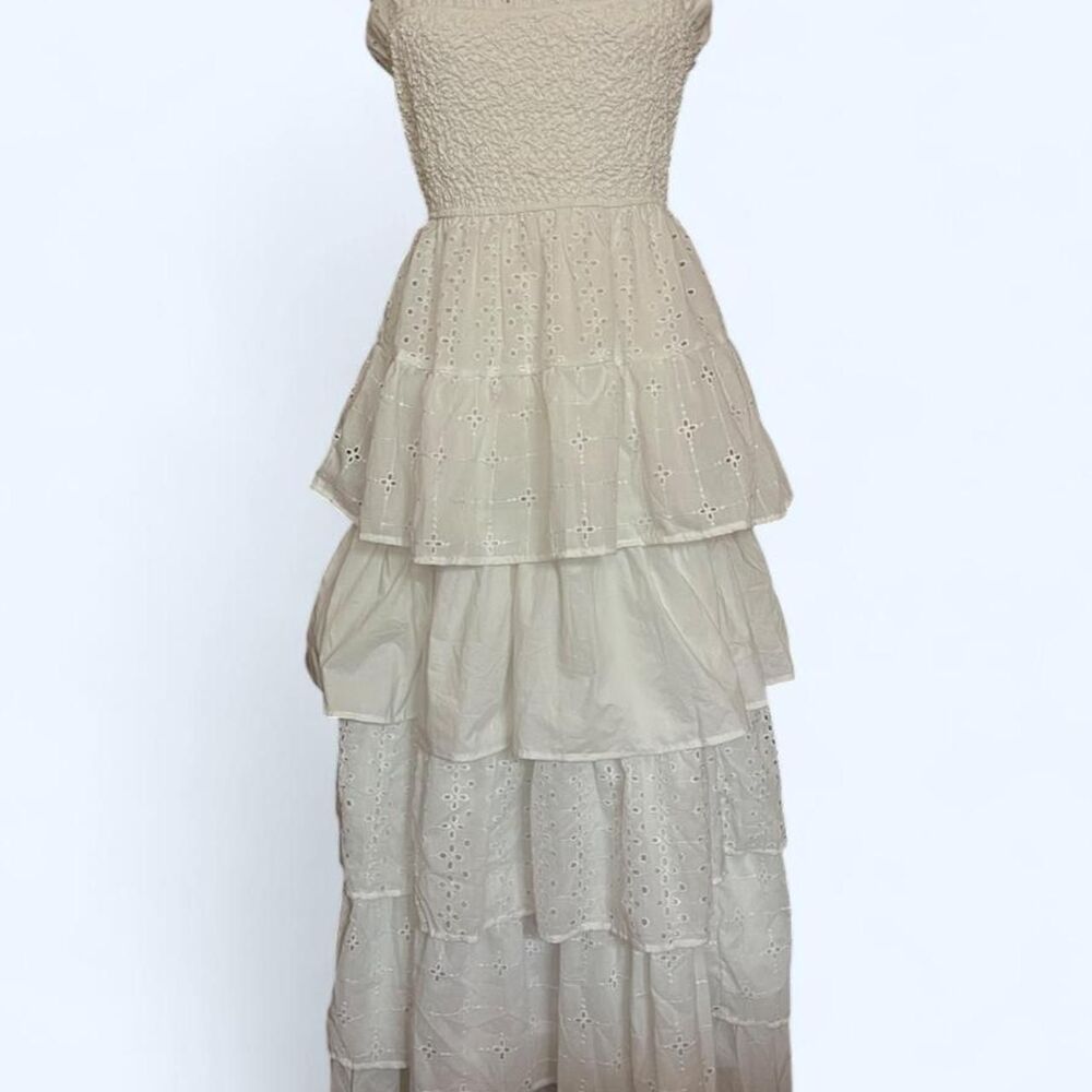 Peach Love Women's White Eyelet Tiered Ruffle Cotton Maxi Dress L